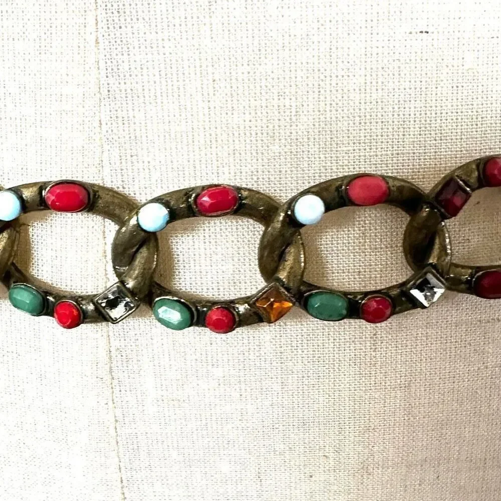 Vintage antiqued gold tone jeweled adjustable chain belt